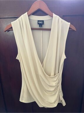 INC International Concepts Cream Draped V-Neck Blouse